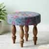 Roswell Sheesham Wood Mid Century Round Stool in Grey Brid Print Kantha Upholstery