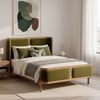Valerio Duo-Panel Luxe King Size Bed in Olive colour Velvet with Oak wood Frame