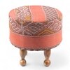 Louisville Acacia Wood Parisian Round Set of 2 Pouf Stools in Red Jacquard
