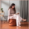 Hoist Collection Pouf With Faux Leather Strap in Tan Color