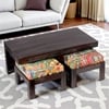Irish Sheesham Wood Coffee Table With 2 Stools Set In Mahogany Finish & Multi Colour Israel Print Kantha Fabric Cushions