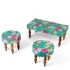 Bestone Sheesham Wood Mid Century 3+1+1 Seater Bench Set With 2 Stools In Sea Green Fruit Print Kantha