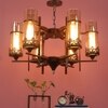 Eliante 6-Light Chandelier, Mild Steel, Glass And Wood, Modern Hanging Ceiling Light Fixture
