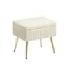 Doe Buck Ribbed Velvet Ottoman Stool in Beige Colour with Gold Metal Legs