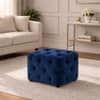 Doe Buck Colchester Velvet Tufted Ottoman Cube in Blue Colour with Wooden Base