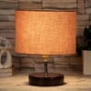 Stanley Grey cotton table lamp with brown wood base