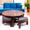 Nashville Sheesham Wood 4 Seater Coffee Table Set In Teak Finish Bird Print Grey Kantha Cushion