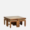 Sheesham Wood Coffee Table Set in Scratch Resistant Rustic Teak Finish With Cushioned Stools