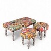Bestone Sheesham Wood Bohemian 2+1+1 Seater Bench Set With 2 Stools In Israel Print Patchwork Kantha