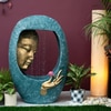 Buddha Face Shower Blue and Gold Fiber Glass Indoor Fountain With Stand