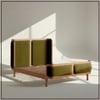 Valerio Duo-Panel Luxe King Size Bed in Olive colour Velvet with Oak wood Frame