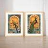 Mughal Parrot Peacock Jharokha Set of 2 Framed Posters 45x60 cm