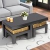 Irish Sheesham Wood Accent Coffee Table Set With 2 Stools In Extra Dark Mahagony Finish With Green Sparkle Velvet Cushions