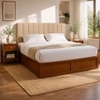 Zyra Solid Wood Queen  Size Upholstered Bed With Hydraulic Storage (Provincial Teak Finish, Beige Colour)