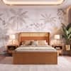 Fiji Wingback Cane and Solid Wood King Size Hydraulic-Storage Bed in Nappa tan Leatherette