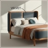 Valerio Duo-Panel Luxe Queen Size Bed in Grey Blue colour Velvet with Oak wood Frame
