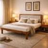 Linea Solid Wood Queen  Size Upholstered Bed Without Storage (Provincial Teak Finish, Grey Colour)