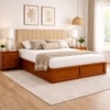 Zyra Solid Wood Queen  Size Upholstered Bed With Hydraulic Storage (Provincial Teak Finish, Beige Colour)