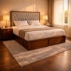 Vedanch Solid Wood Queen Size Upholstered Bed With Hydraulic Storage (Provincial Teak Finish, Grey Colour)