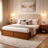 Zyra Solid Wood Queen  Size Upholstered Bed With Box Storage (Provincial Teak Finish, Beige Colour)