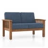 Raynor 2 Seater Wooden Sofa, Finish- Amber Walnut, Fabric - Midnight Indigo Blue