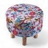 Collio Solid Wood Pouffee in Bird Print Grey Kantha Fabric