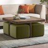 Tetra Square Solid Wood Coffee Table With Seats In Danish Walnut Finish In Olive Colour Fabric