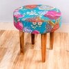 Nayla Sheesham Wood Mid-Century Set of 2 Stools in Sea Green Fruit Print Kantha, Teak Finish