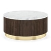 Aurora Round White Marble And Solid Wood Coffee Table In Java Walnut Finish