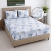 White And Blue Floral Cotton 400 Tc  Fitted  Super King Size Bedsheet With 2 Pillow Covers