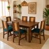 Globally Indian Fleur Solid Sheesham Wood 6 Seater Dining Table Set 6 Chairs Teal Blue