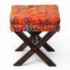 Rosslyn Solid Wood Pouf Stool in Bird Print Orange Ethnic Kantha fabric