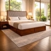 Vedanch Solid Wood Queen Size Upholstered Bed With Hydraulic Storage (Provincial Teak Finish, Grey Colour)