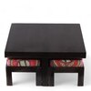 Blane Sheesham Wood Coffee Table With 4 Stools Set In Mahogany Finish & Multi Colour Israel Print Kantha Fabric Cushions