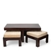 Irish Sheesham Wood Coffee Table With 2 Stools Set In Dark Walnut Finish & Ivory Sparkle Velvet Fabric Cushions