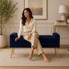 Doe Buck Upholstered Storage Bench in Blue Colour with Gold Legs