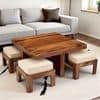 Blane Sheesham Wood Accent Coffee Table Set With 4 Stools In Natural Teak Finish