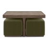 Tetra Square Solid Wood Coffee Table With Seats In Danish Walnut Finish In Olive Colour Fabric