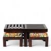 Irish Sheesham Wood Bohemian Coffee Table Set With 2 Stools In Dark Walnut Finish With Israel Print Patchwork Kantha Cushions