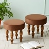 Roswell Sheesham Wood   Round Set of 2 Stools in Taupe Brown Velvet Upholstery