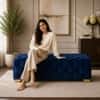 Doe Buck Velvet Tufted Bench in Blue Colour with Gold Base