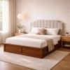 Mooh Solid Wood Queen Size Upholstered Bed With Box Storage (Provincial Teak Finish, Grey Colour)
