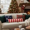 Streaky Knitted Oblong Pillow Cover With Pom Poms  Red Natural 35X7 Inches