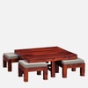 Sheesham Wood Coffee Table Set in Honey Oak Finish With Cushioned Stools