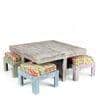 Blane Sheesham Wood Country Side Coffee Table Set With 4 Stools In Antique Multi-Colour Finish