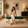 Doe Buck Upholstered Oval Bench in Teal Colour with Gold Loop Legs