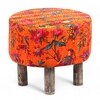 Collio Solid Wood Ottoman Pouffee in Bird Print Orange Ethnic Kantha fabric