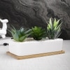Artificial Faux Plants In A Ceramic Pot With A Wooden Plate