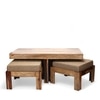 Irish Sheesham Wood Accent Coffee Table Set With 2 Stools In Teak Finish With Jute Beige Cushions