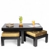 Irish Sheesham Wood Accent Coffee Table Set With 2 Stools In Extra Dark Mahagony Finish With Green Sparkle Velvet Cushions